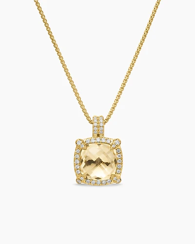 Petite Chatelaine® Pavé Bezel Pendant Necklace in 18K Yellow Gold with Hampton Blue Topaz and Diamonds