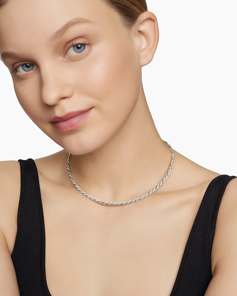 Sculpted Cable Flex Necklace in 18K White Gold with Diamonds, 3.7mm