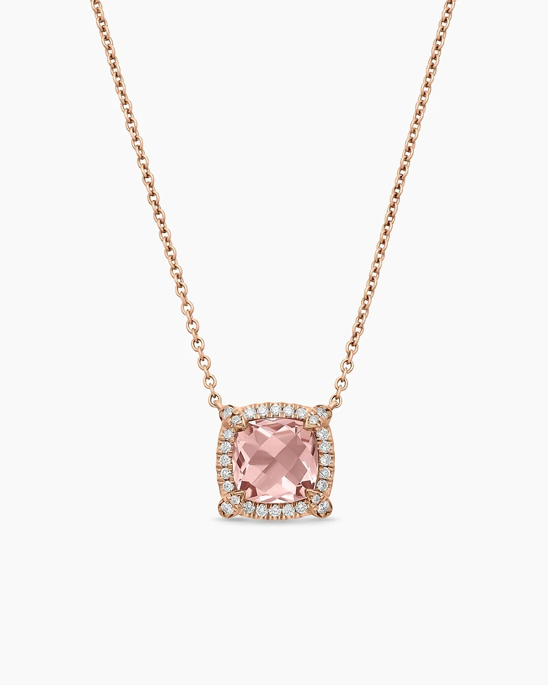 Petite Chatelaine® Pavé Bezel Pendant Necklace in 18K Rose Gold with Morganite and Diamonds, 7mm