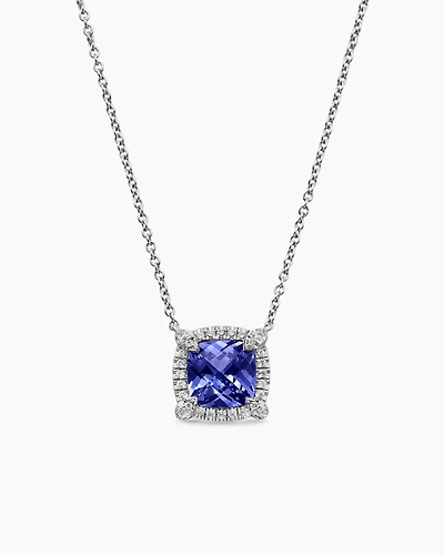 Petite Chatelaine® Pavé Bezel Pendant Necklace in 18K White Gold with Tanzanite and Diamonds, 7mm