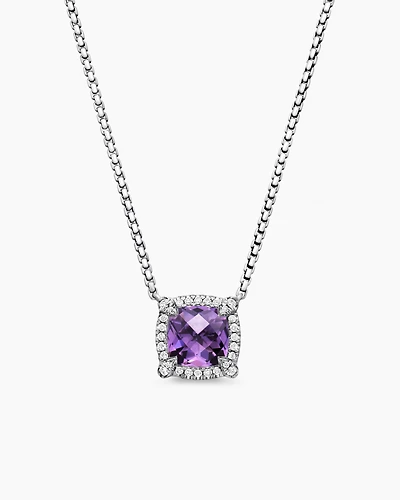 Petite Chatelaine® Pavé Bezel Pendant Necklace in Sterling Silver with Amethyst and Diamonds, 7mm