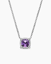 Petite Chatelaine® Pavé Bezel Pendant Necklace in Sterling Silver with Amethyst and Diamonds, 7mm