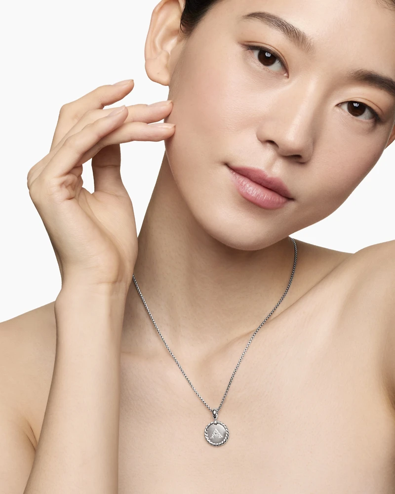 Initial Charm Necklace in Sterling Silver with Diamond A