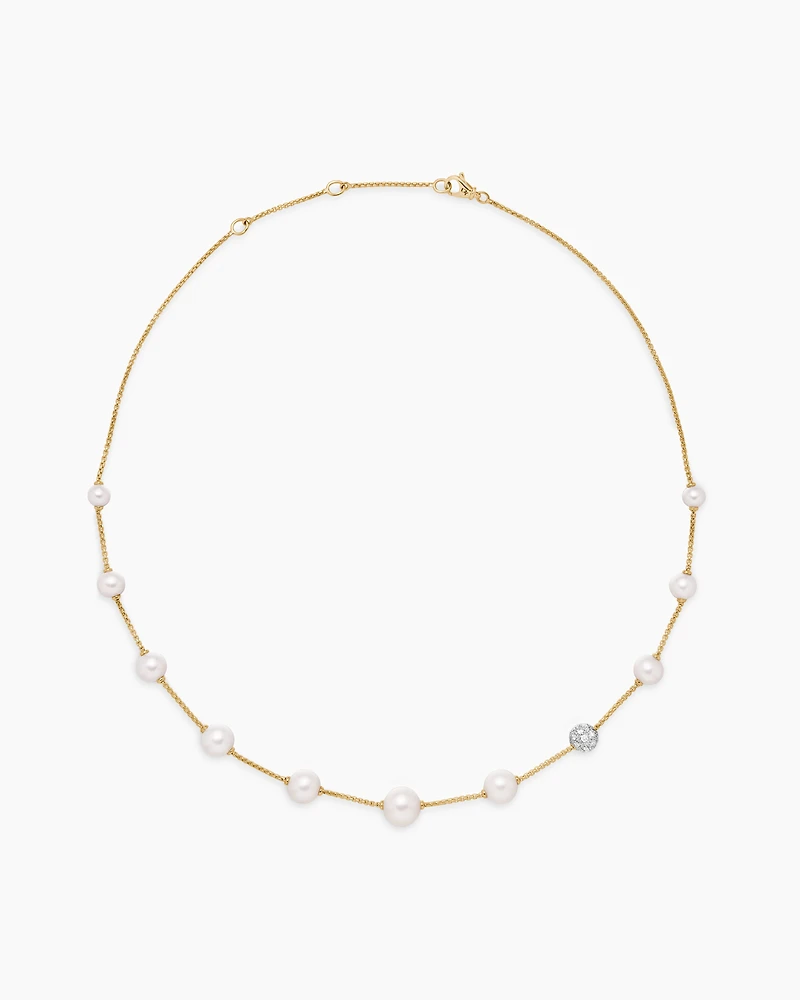Pearl and Pavé Station Necklace in 18K Yellow Gold with Pearls and Diamonds
