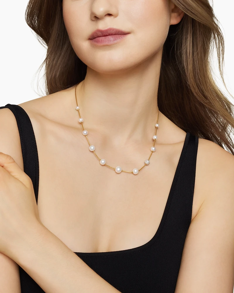 Pearl and Pavé Station Necklace in 18K Yellow Gold with Pearls and Diamonds