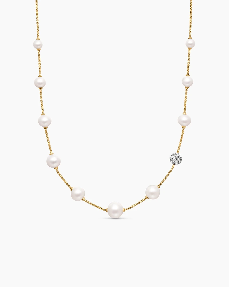 Pearl and Pavé Station Necklace in 18K Yellow Gold with Pearls and Diamonds