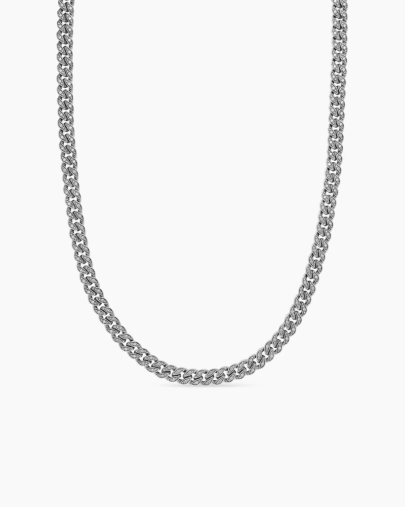 Curb Chain Necklace in Sterling Silver with Diamonds, 7mm