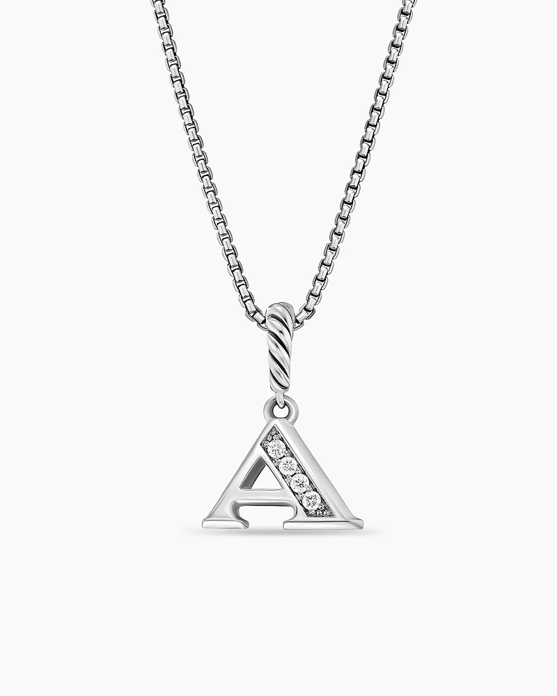 Pavé Initial Pendant Necklace in Sterling Silver with Diamond A
