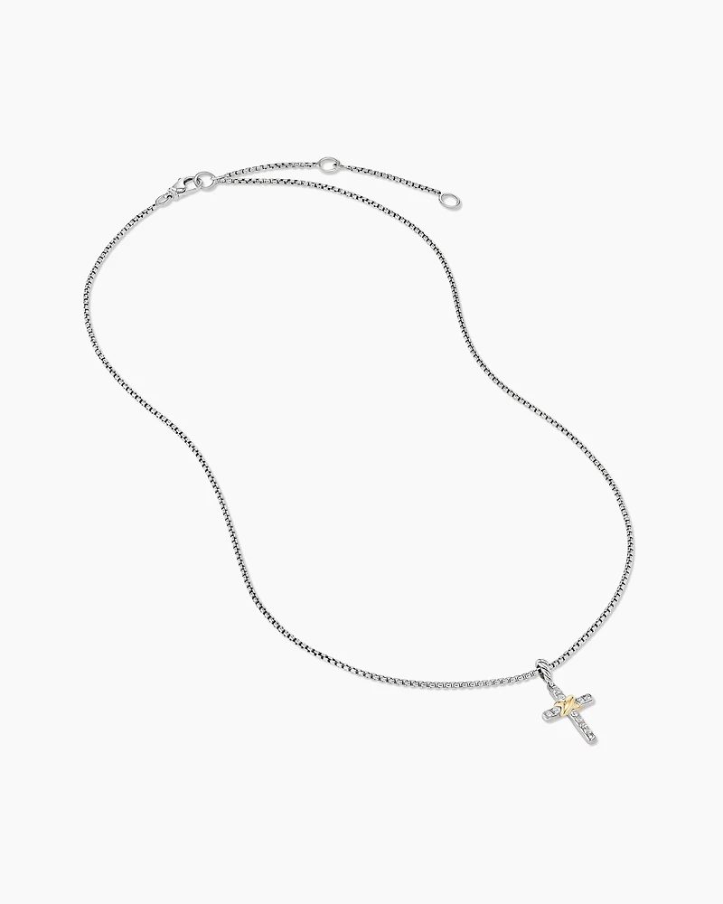 Petite Cross Necklace in Sterling Silver with 18K Yellow Gold with Diamonds, 20.8mm