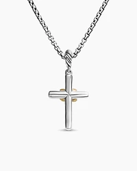 Petite Cross Necklace in Sterling Silver with 18K Yellow Gold with Diamonds, 20.8mm