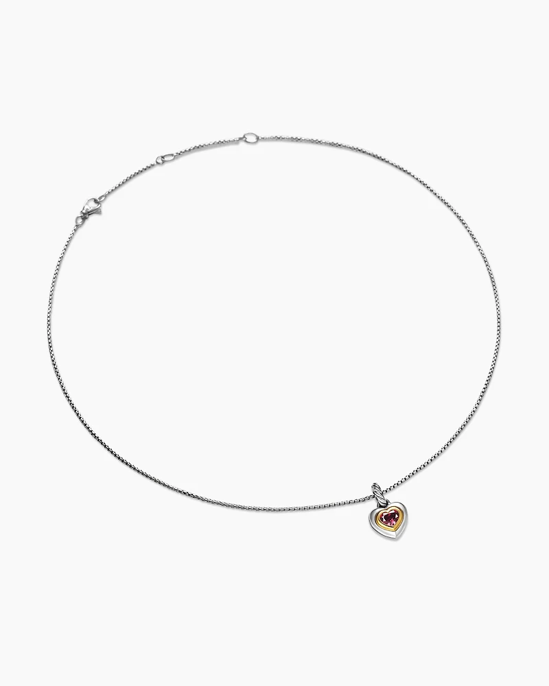 Petite Cable Heart Pendant Necklace in Sterling Silver with 14K Yellow Gold and Rhodolite Garnet, 17.1mm
