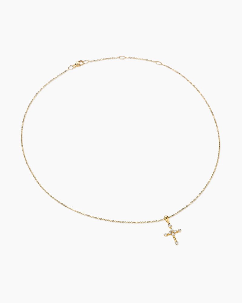 Petite Modern Renaissance Cross Pendant Necklace in 18K Yellow Gold with Diamonds, 15.9mm