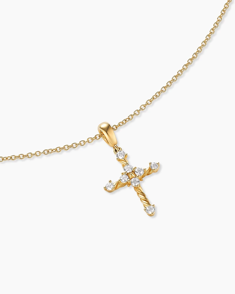 Petite Modern Renaissance Cross Pendant Necklace in 18K Yellow Gold with Diamonds, 15.9mm