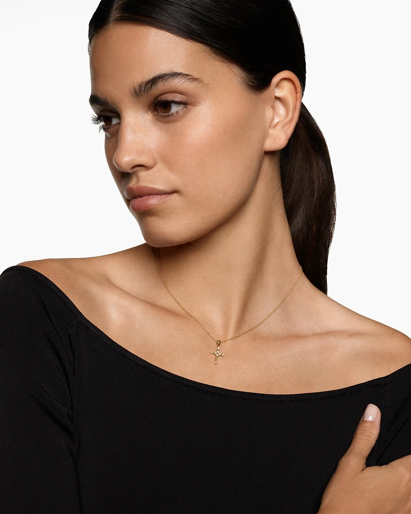 Petite Modern Renaissance Cross Pendant Necklace in 18K Yellow Gold with Diamonds, 15.9mm