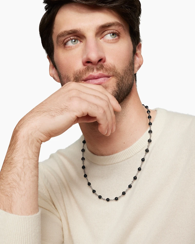Spiritual Beads Rosary Necklace in Sterling Silver with Black Onyx and Black Diamonds, 6mm
