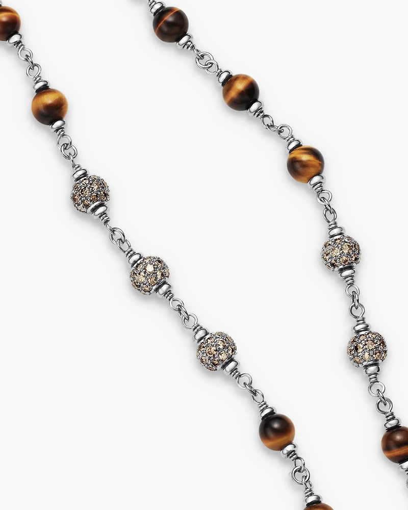 Spiritual Beads Necklace Sterling Silver with Tiger’s Eye and Cognac Diamonds, 6mm