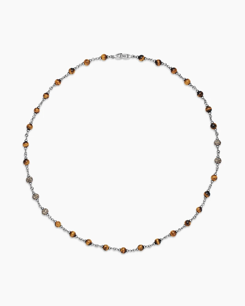 Spiritual Beads Necklace Sterling Silver with Tiger’s Eye and Cognac Diamonds, 6mm