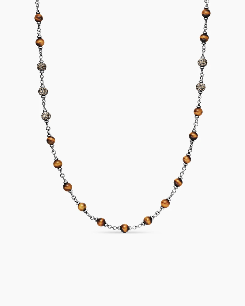 Spiritual Beads Necklace Sterling Silver with Tiger’s Eye and Cognac Diamonds, 6mm