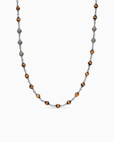 Spiritual Beads Necklace Sterling Silver with Tiger’s Eye and Cognac Diamonds, 6mm