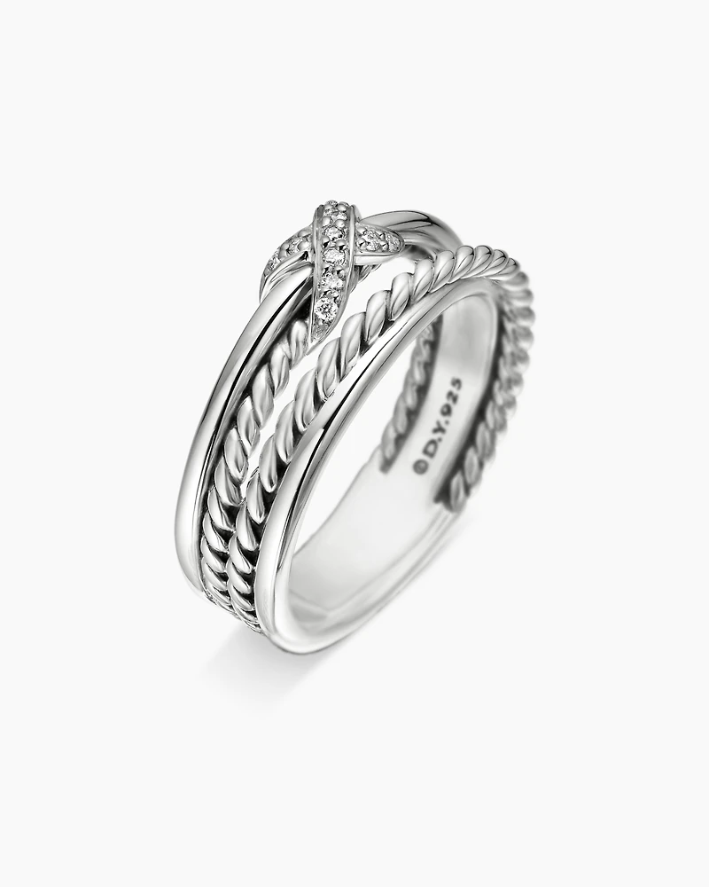 X Crossover Band Ring Sterling Silver with Diamonds, 6mm