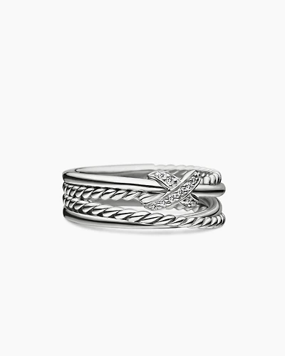 X Crossover Band Ring Sterling Silver with Diamonds, 6mm