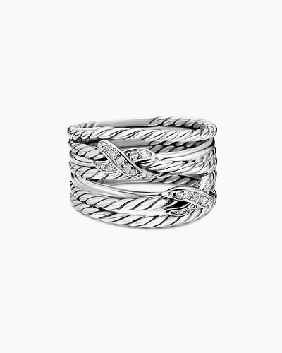 Double X Crossover Ring with Diamonds, 13mm
