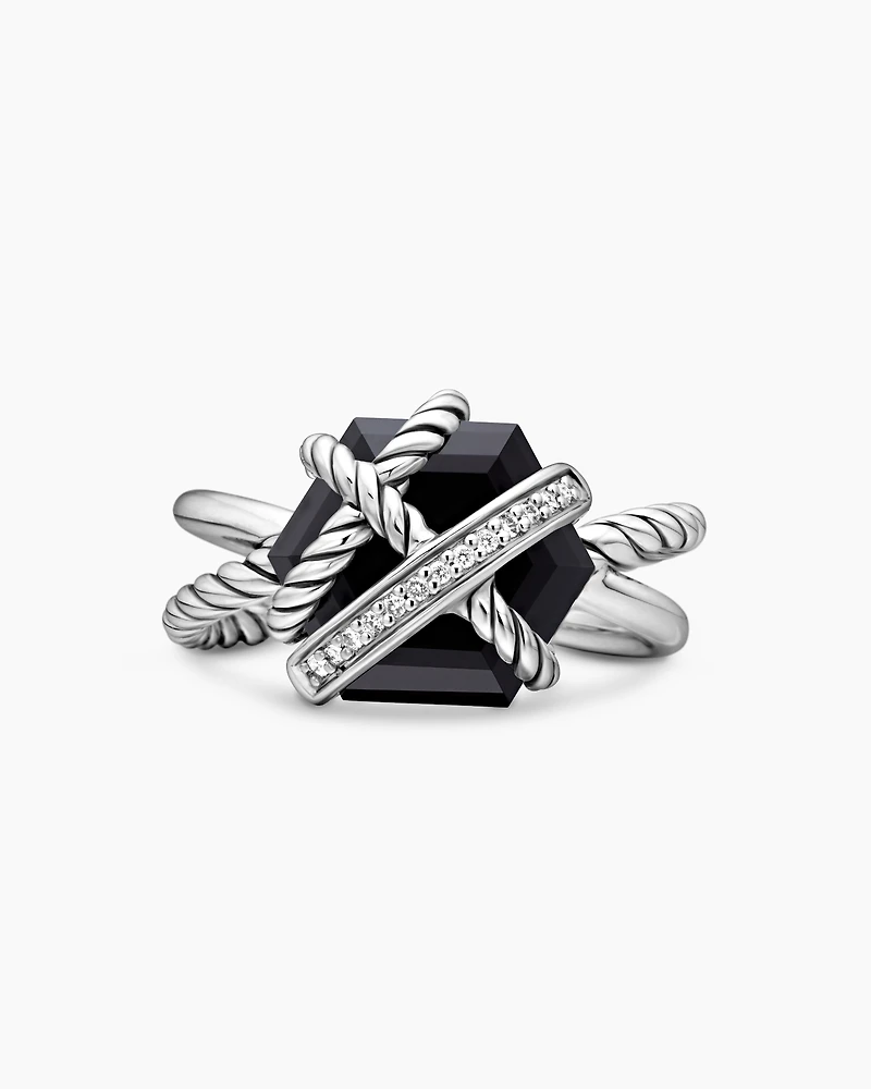 Cable Wrap Ring Sterling Silver with Black Onyx and Pavé Diamonds