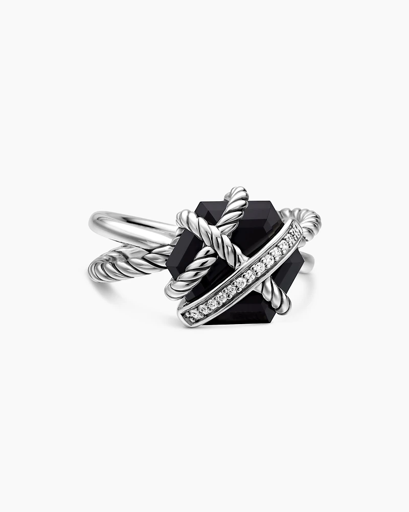 Cable Wrap Ring Sterling Silver with Black Onyx and Pavé Diamonds