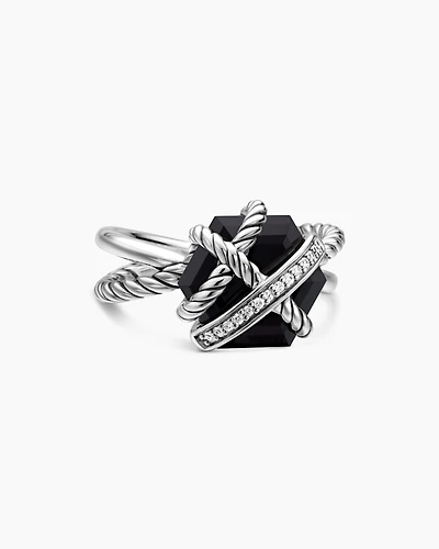 Cable Wrap Ring Sterling Silver with Black Onyx and Pavé Diamonds