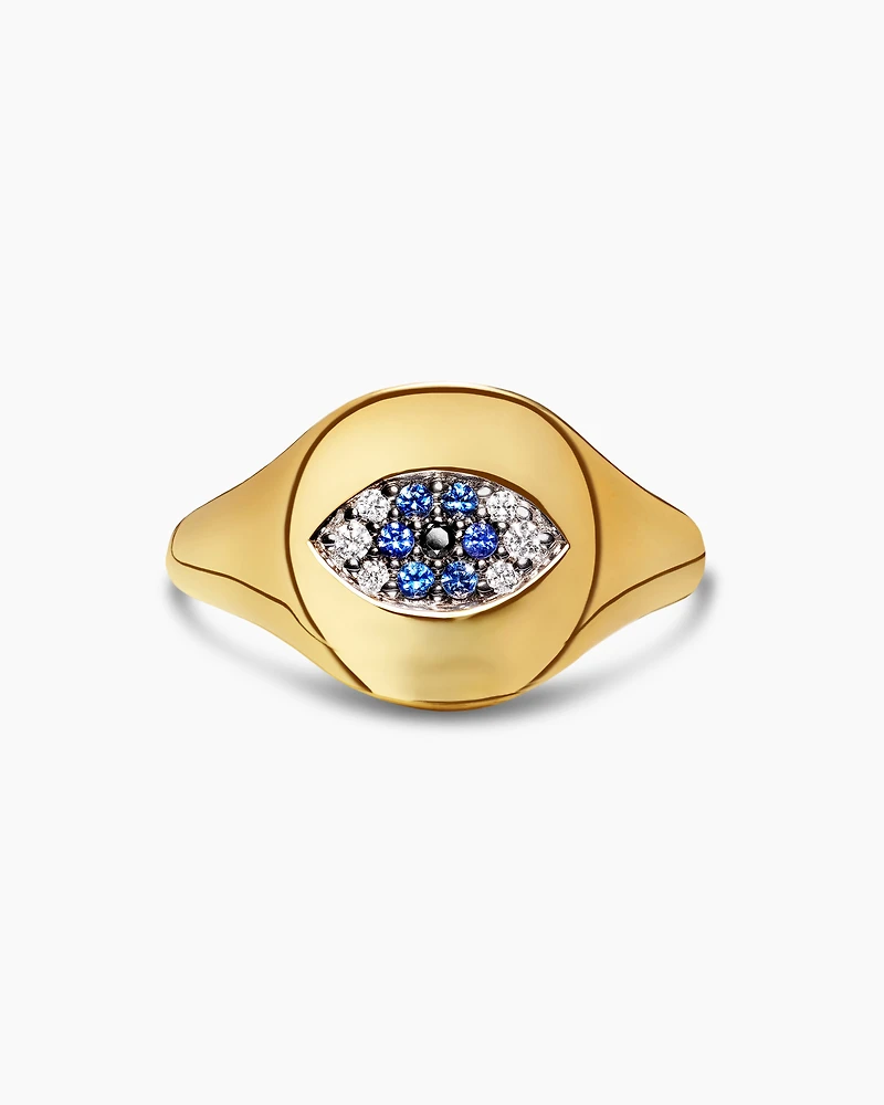 Cable Collectibles® Evil Eye Pinky Ring in 18K Yellow Gold with Pavé Sapphires and Diamonds, 9.7mm