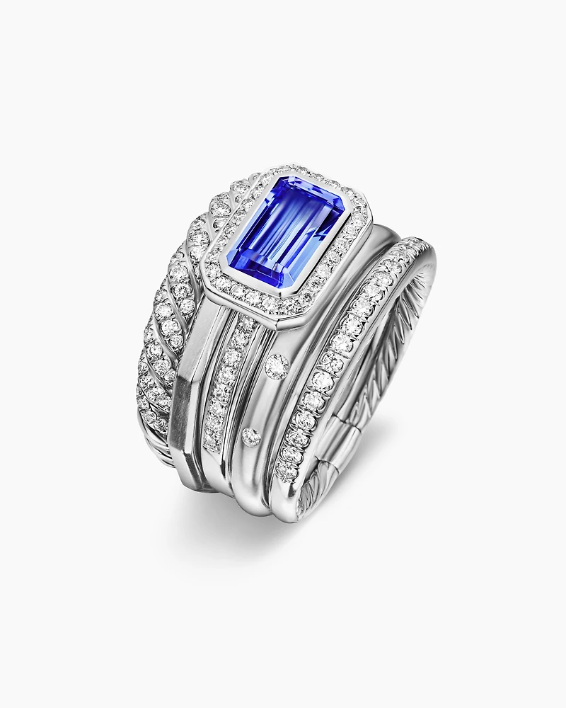 Stax Five Row Ring 18K White Gold with Tanzanite and Diamonds, 14mm