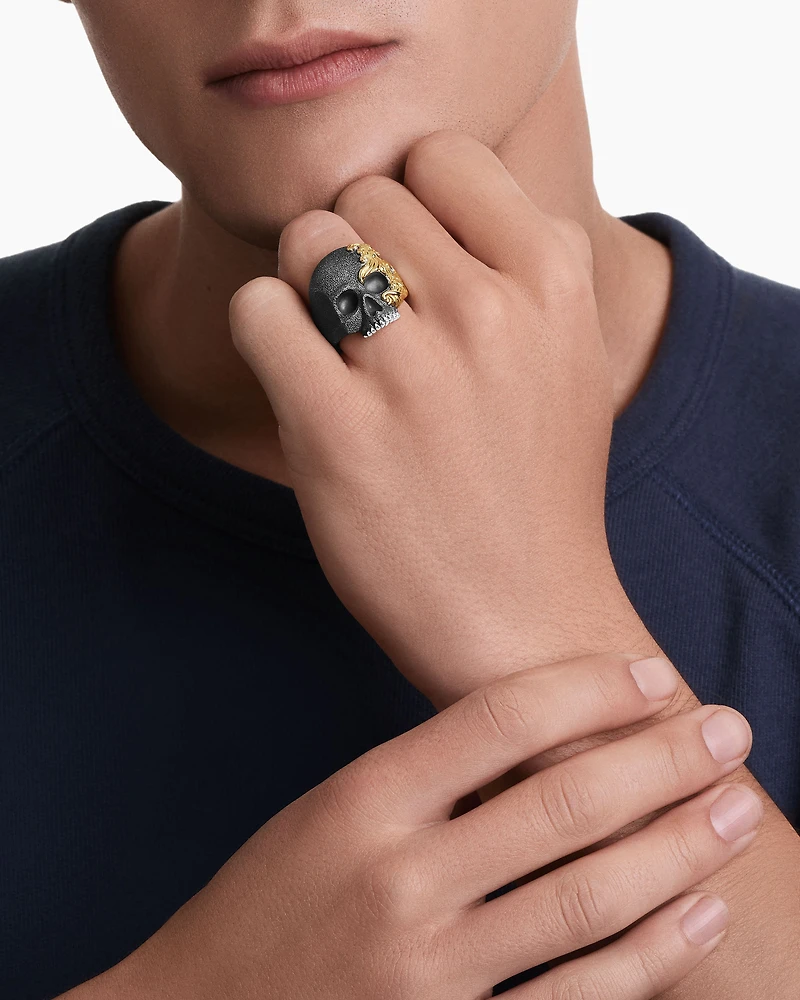 Waves Skull Ring Sterling Silver with 18K Yellow Gold, 24mm