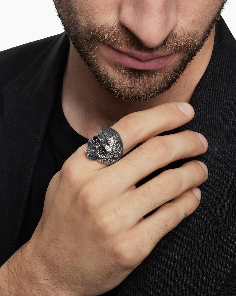Waves Skull Ring Sterling Silver with Black Diamonds, 24mm