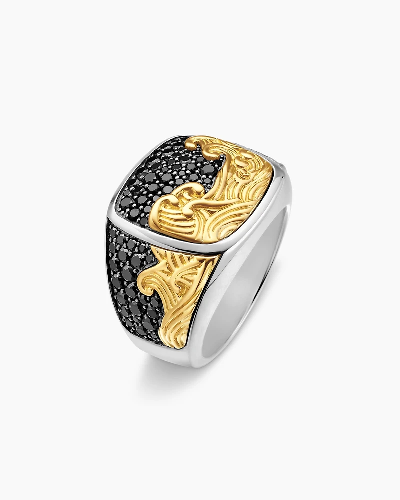 Waves Signet Ring Sterling Silver with 18K Yellow Gold and Black Diamonds, 18.8mm