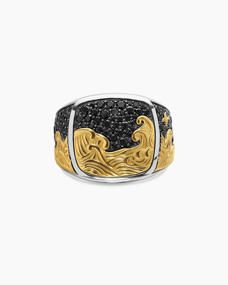 Waves Signet Ring Sterling Silver with 18K Yellow Gold and Black Diamonds, 18.8mm