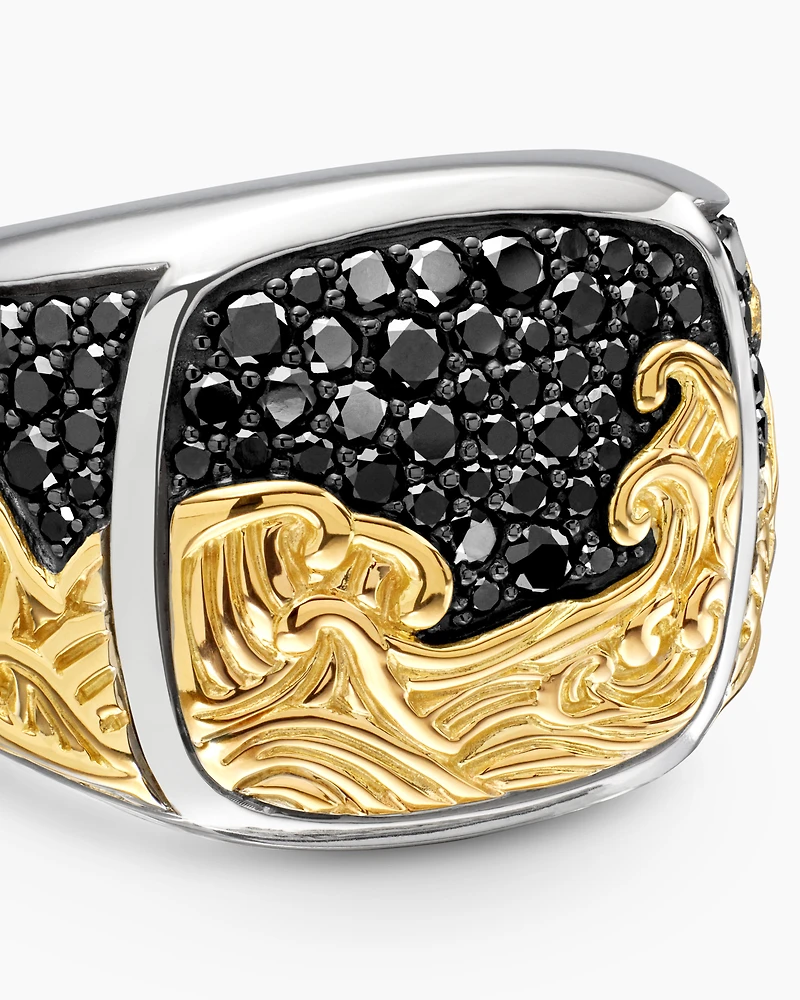 Waves Signet Ring Sterling Silver with 18K Yellow Gold and Black Diamonds, 18.8mm