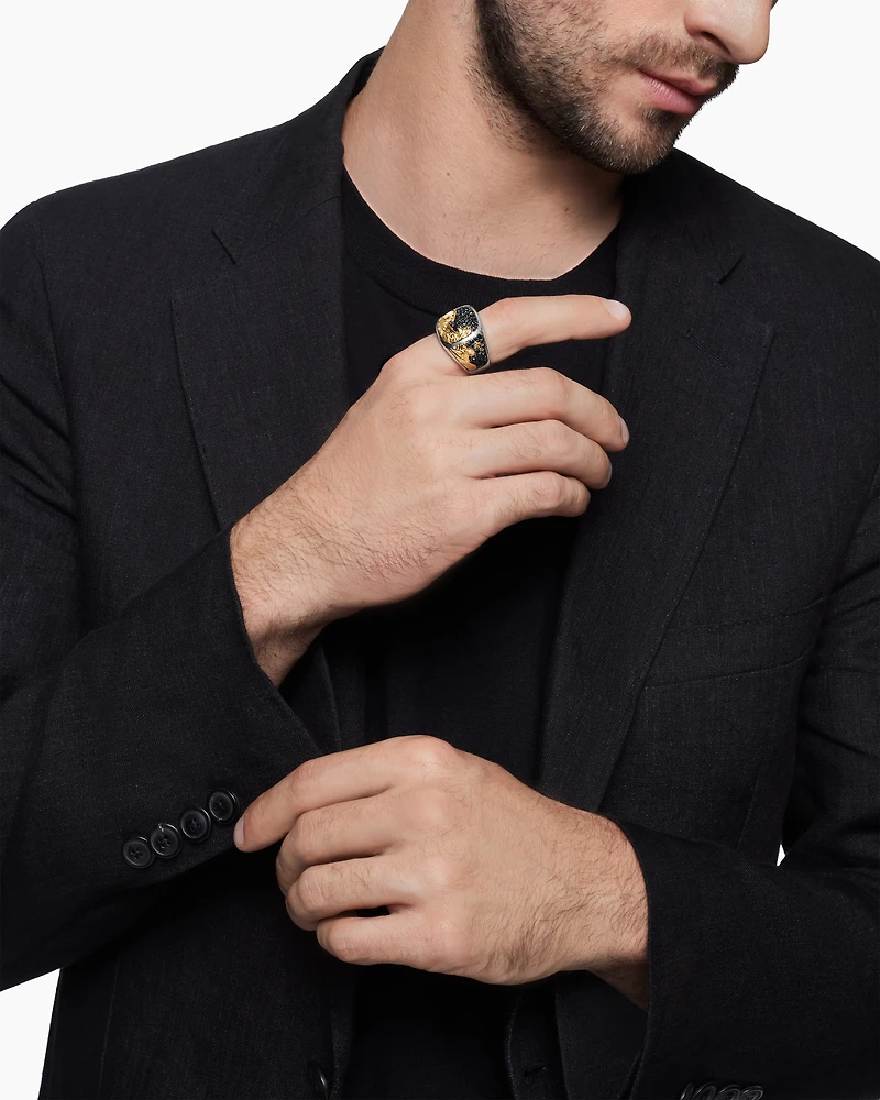 Waves Signet Ring Sterling Silver with 18K Yellow Gold and Black Diamonds, 18.8mm