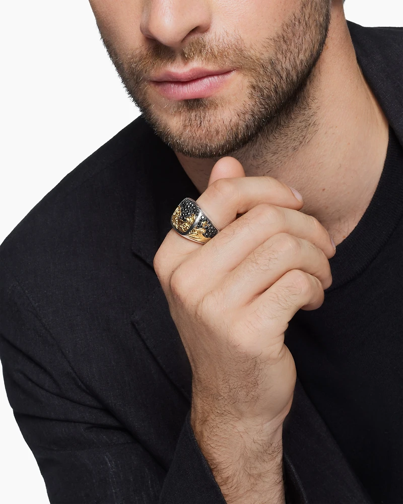 Waves Signet Ring Sterling Silver with 18K Yellow Gold and Black Diamonds, 18.8mm