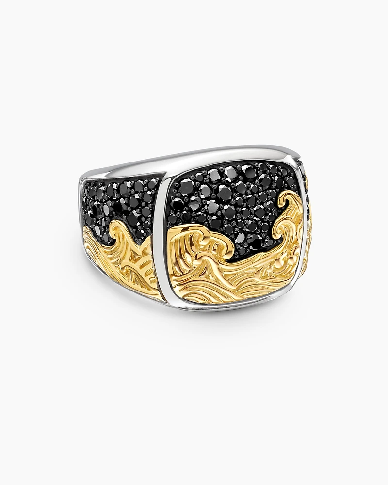Waves Signet Ring Sterling Silver with 18K Yellow Gold and Black Diamonds, 18.8mm