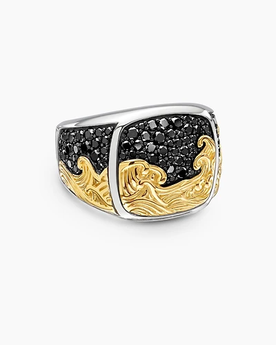 Waves Signet Ring Sterling Silver with 18K Yellow Gold and Black Diamonds, 18.8mm