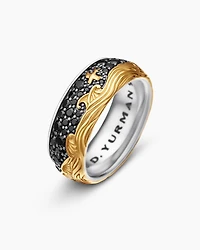 Waves Band Ring Sterling Silver with 18K Yellow Gold and Black Diamonds, 8.7mm