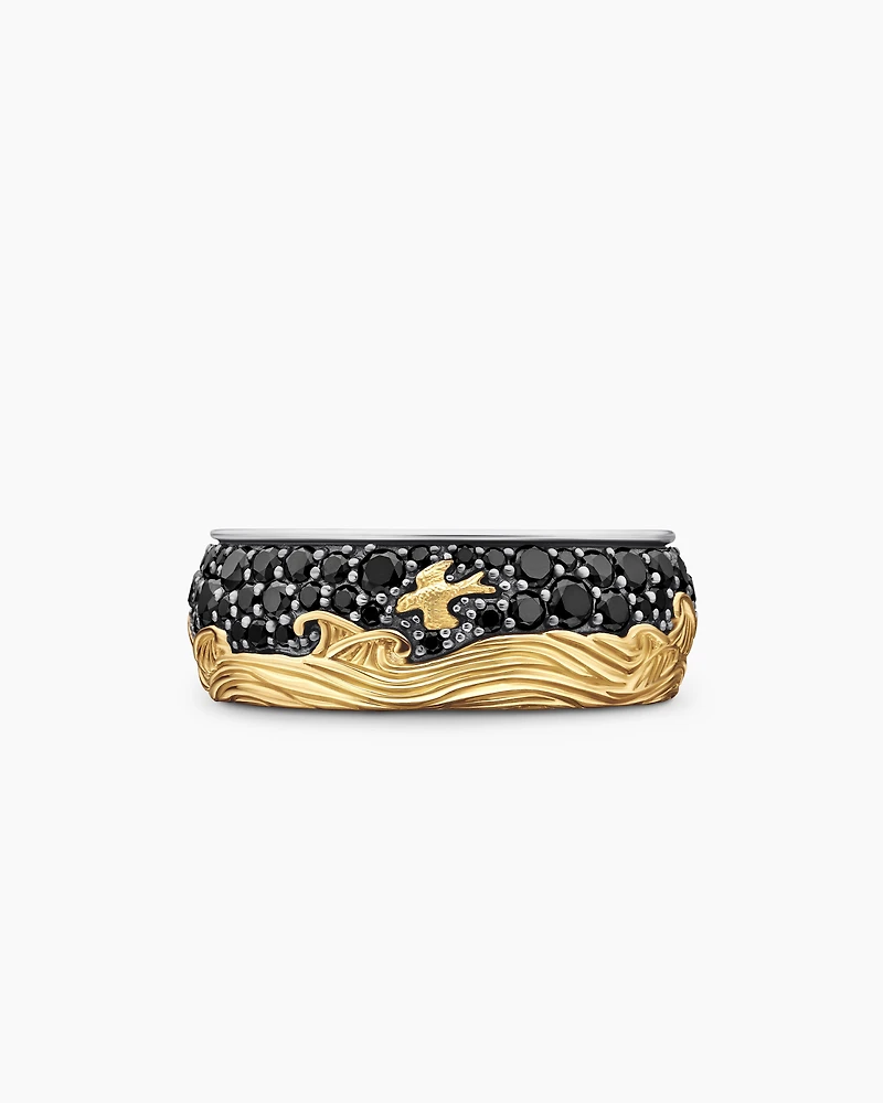 Waves Band Ring Sterling Silver with 18K Yellow Gold and Black Diamonds, 8.7mm