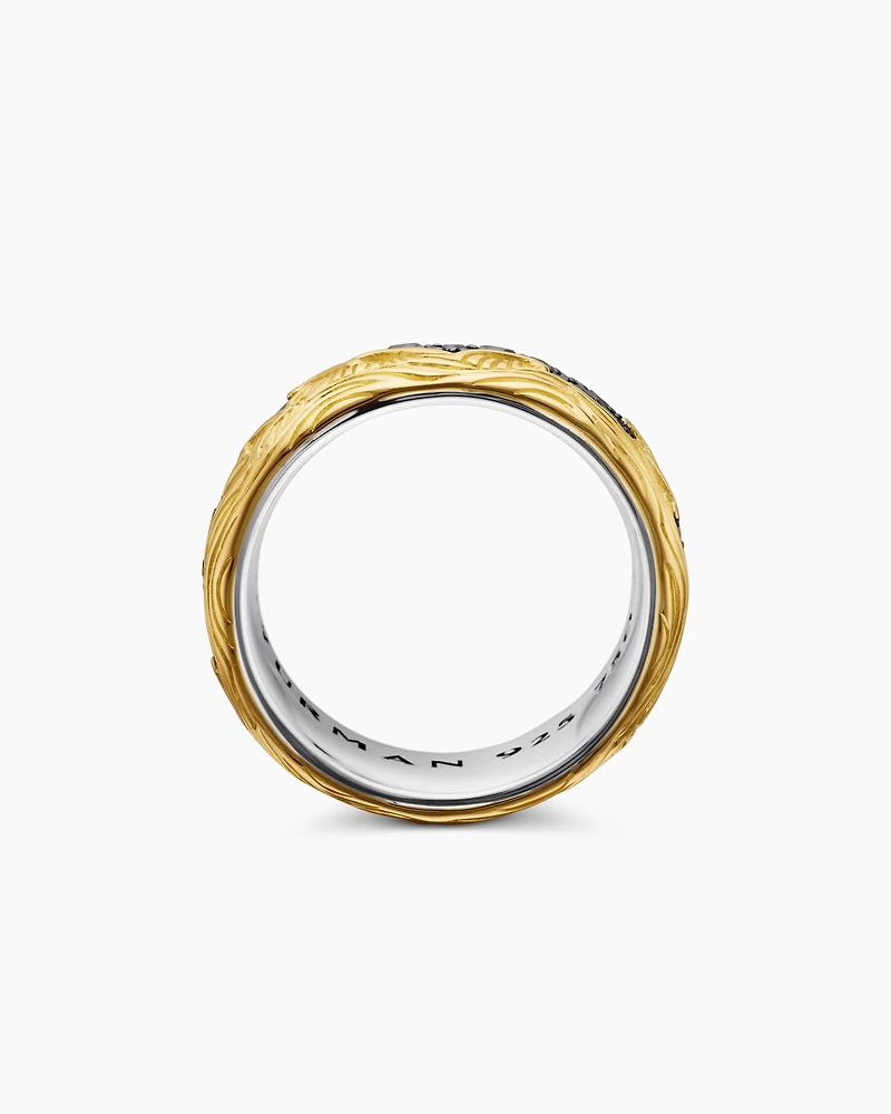 Waves Band Ring Sterling Silver with 18K Yellow Gold and Black Diamonds, 8.7mm