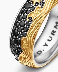 Waves Band Ring Sterling Silver with 18K Yellow Gold and Black Diamonds, 8.7mm