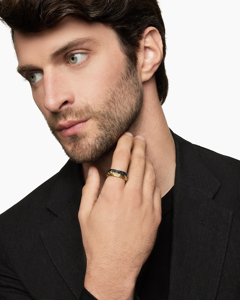 Waves Band Ring Sterling Silver with 18K Yellow Gold and Black Diamonds, 8.7mm