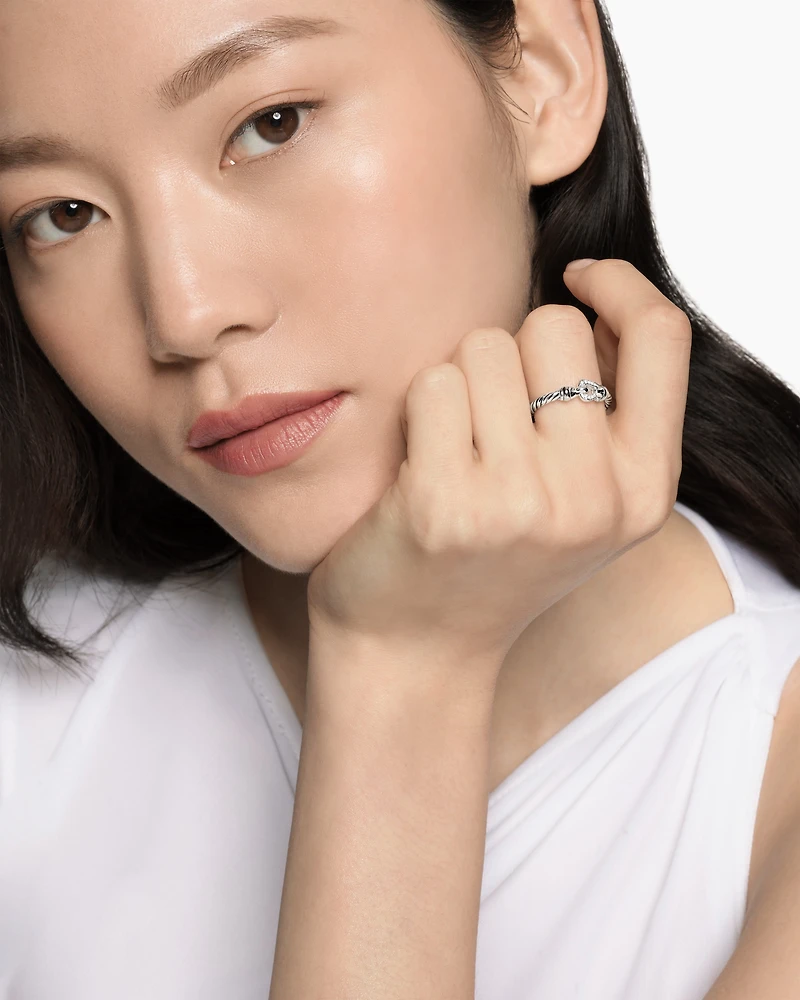 Petite Buckle Ring Sterling Silver with Diamonds, 2mm