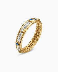 Modern Renaissance Band Ring in 18K Yellow Gold with Diamonds and Blue Sapphires, 4mm