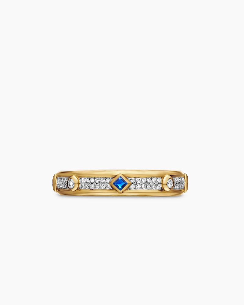 Modern Renaissance Band Ring in 18K Yellow Gold with Diamonds and Blue Sapphires, 4mm