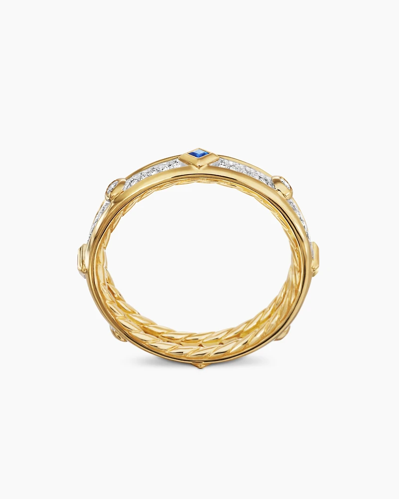 Modern Renaissance Band Ring in 18K Yellow Gold with Diamonds and Blue Sapphires, 4mm