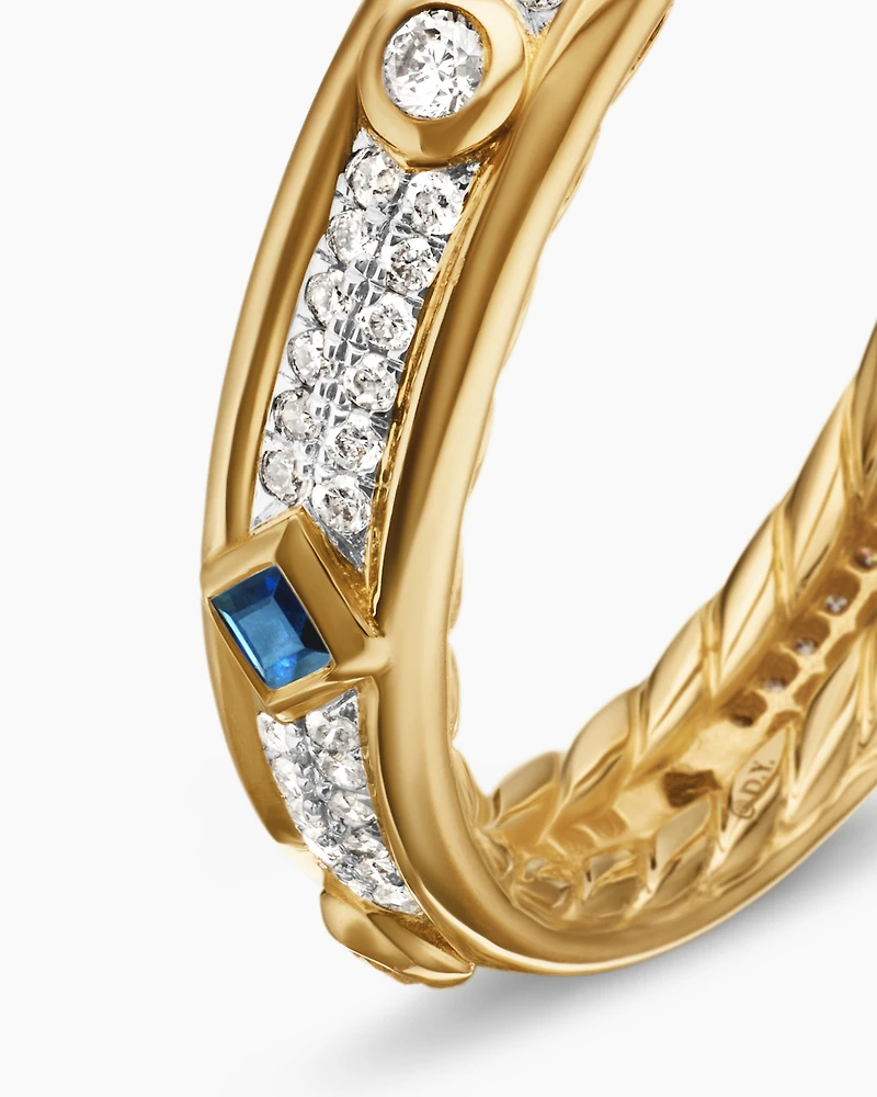 Modern Renaissance Band Ring in 18K Yellow Gold with Diamonds and Blue Sapphires, 4mm
